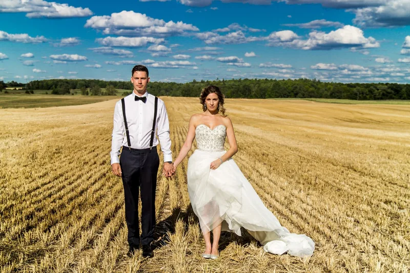 Newlyweds embracing in a sunlit field