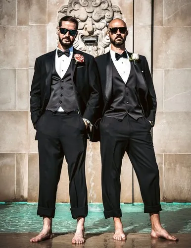 Two grooms in tuxedos standing barefoot beside a pool